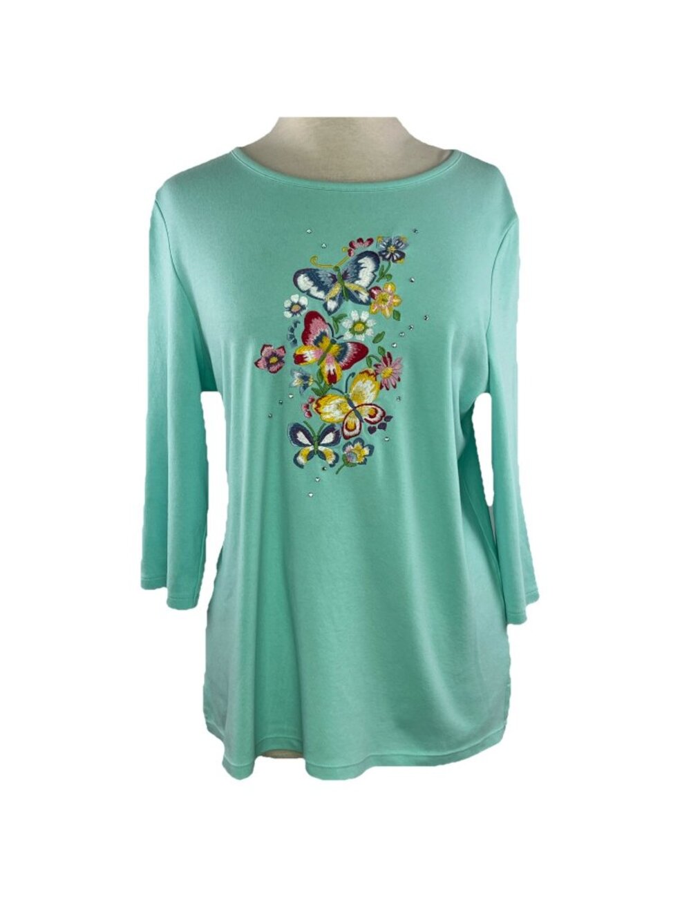Quacker Factory Sz M Butterfly Embroidered Rhinestone V-Neck 3/4 Sleeve Top Teal
